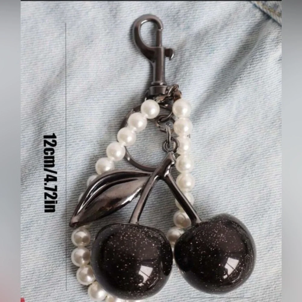 ✨NEW✨ Black Glitter Sparkling Cherry Keychain with Pearls Purse Bag charm
